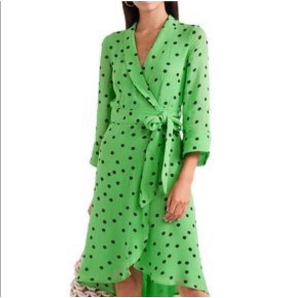 Ganni Dress Dainty Georgette Wrap Polka Dot Classic Green Size 42 Versatile - Picture 15 of 15